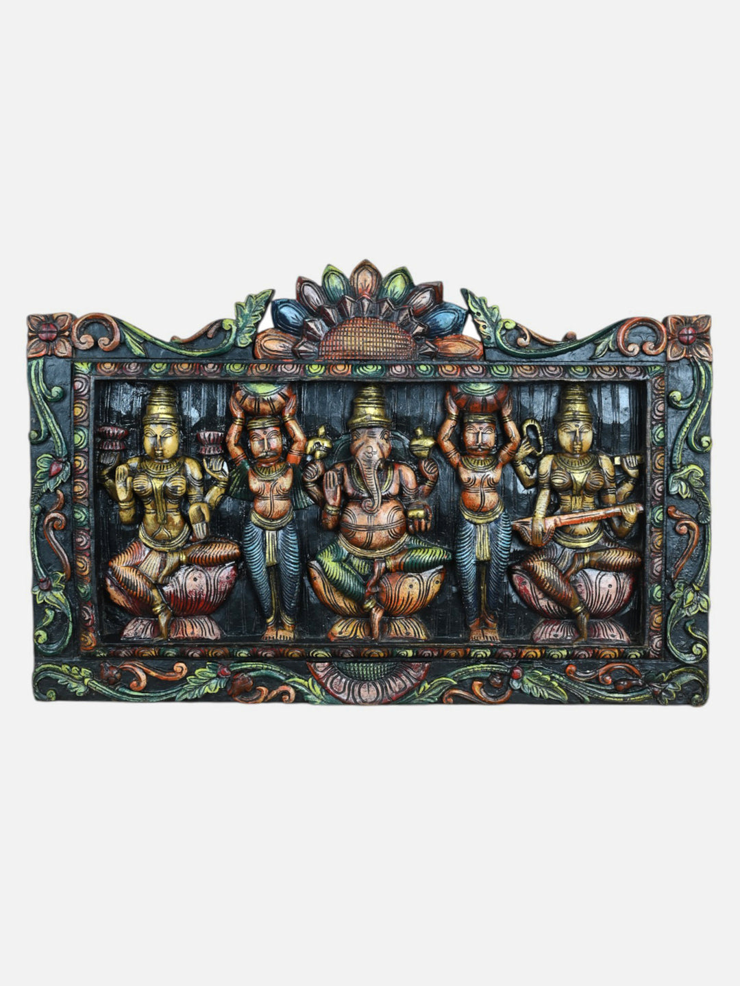 Wooden Devotional Art Ganesha and Two Goddesses-27"