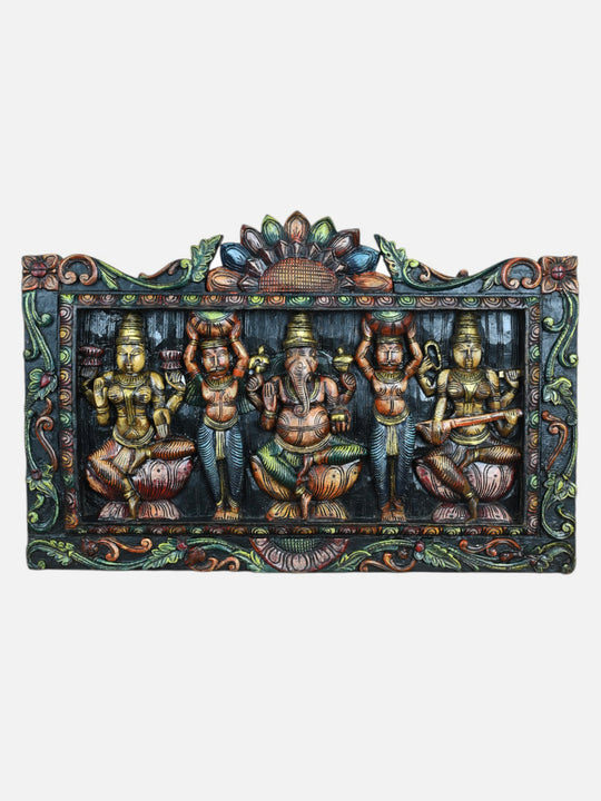 Wooden Devotional Art Ganesha and Two Goddesses-27"