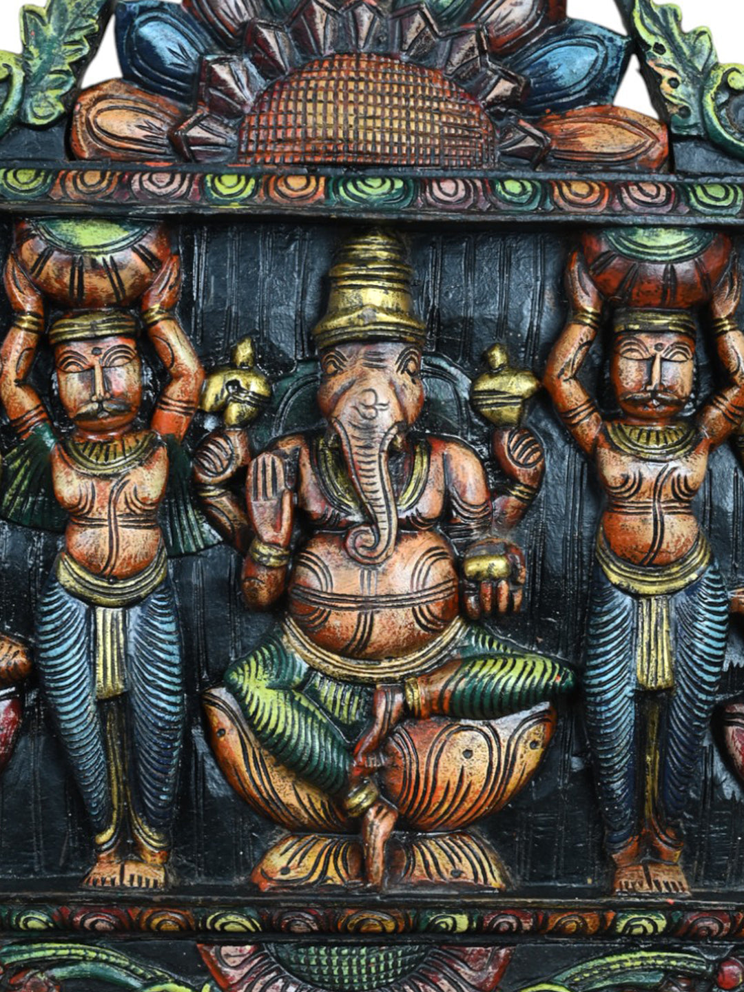 Wooden Devotional Art Ganesha and Two Goddesses-27"