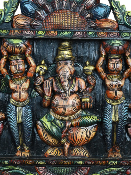 Wooden Devotional Art Ganesha and Two Goddesses-27"