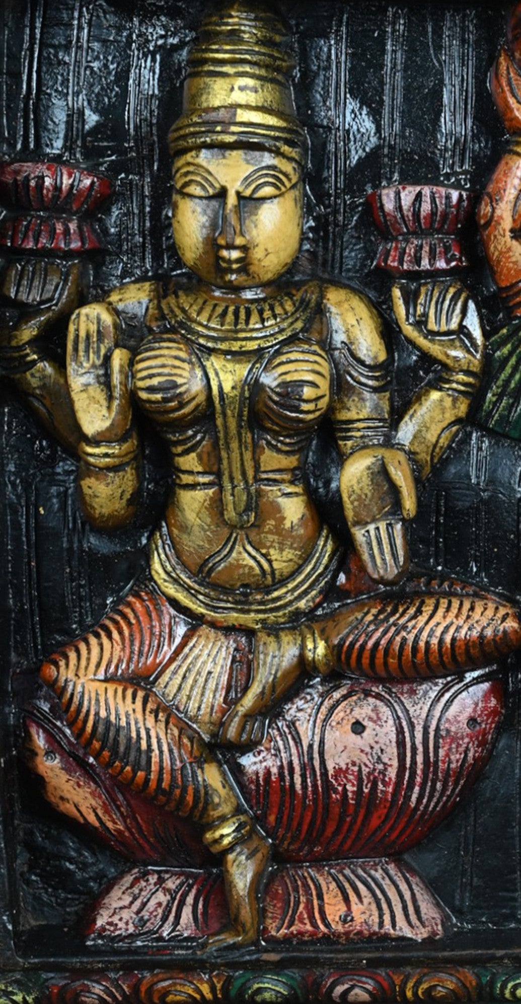 Wooden Devotional Art Ganesha and Two Goddesses-27"