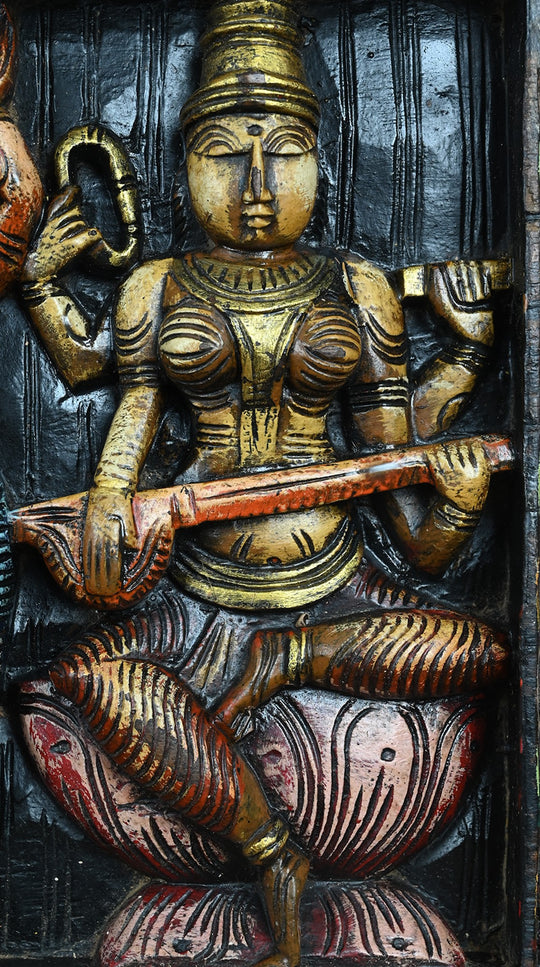 Wooden Devotional Art Ganesha and Two Goddesses-27"