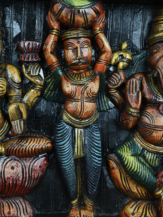 Wooden Devotional Art Ganesha and Two Goddesses-27"