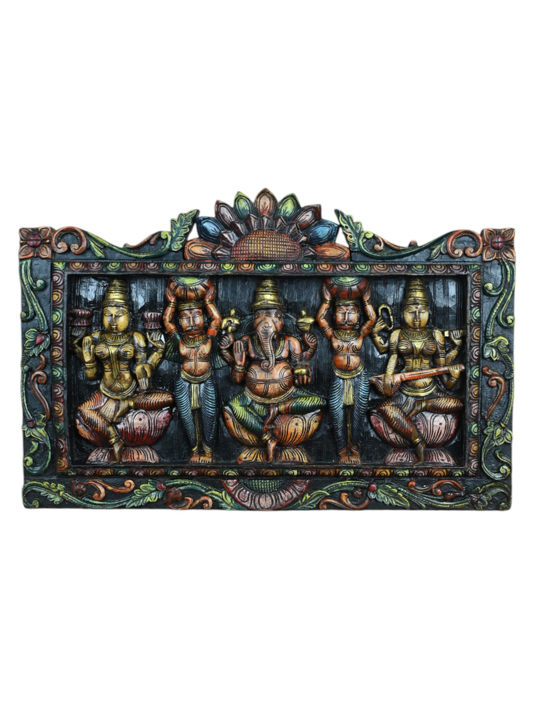 Wooden Devotional Art Ganesha and Two Goddesses-27"