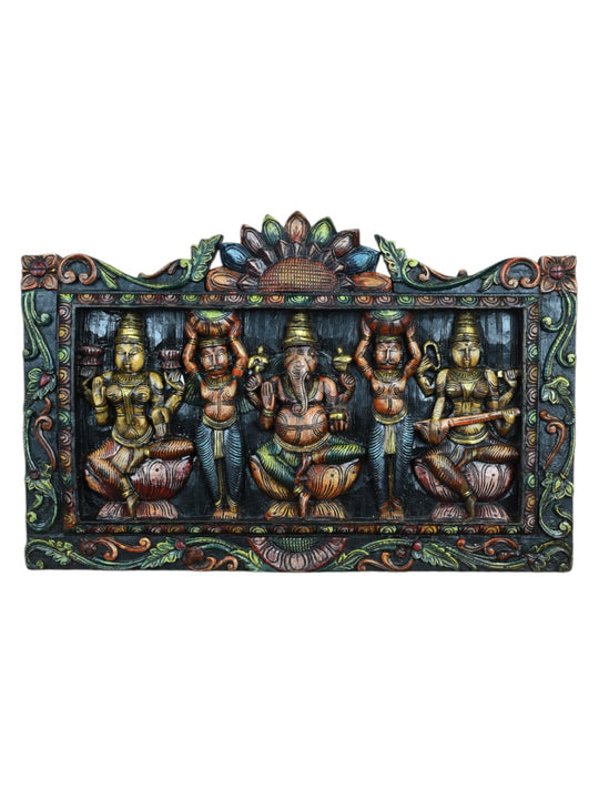 Wooden Devotional Art Ganesha and Two Goddesses-27"