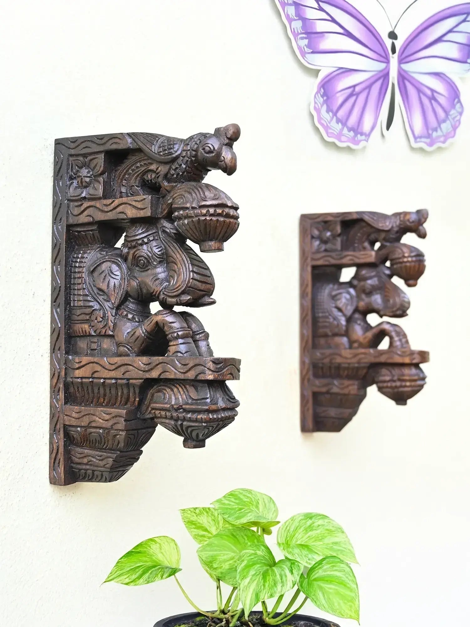 Wooden elephant &amp; parrot wall brackets