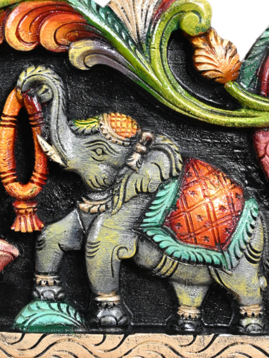 Gajalakshmi Seated on Lotus Wooden Panel-36"