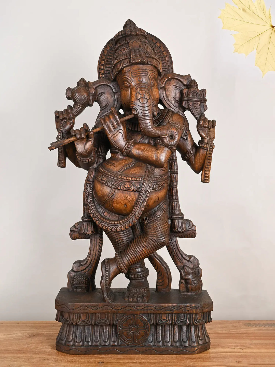 Wooden Dancing Ganesha Playing Flute