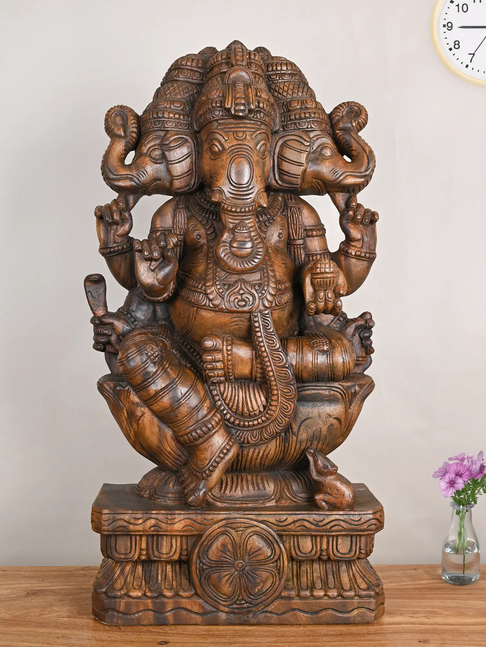 Three-Faced Ganesh Wooden Idol