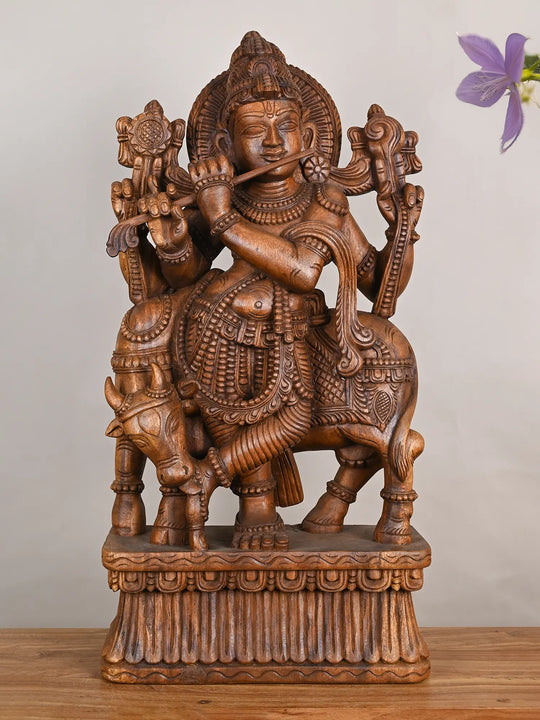 wooden krishna statue 