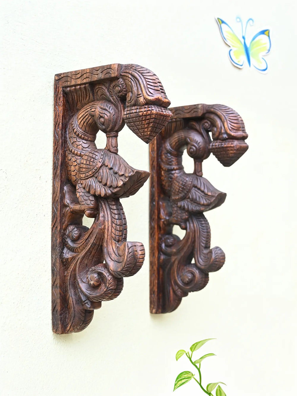 wooden pair of peocock wall brackets