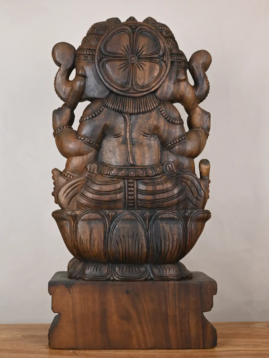 Three-Faced Ganesha Wooden Idol - 36"