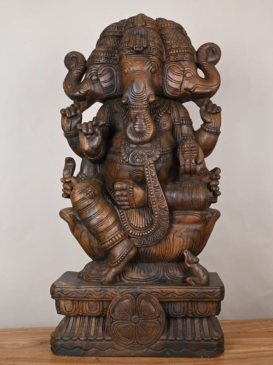 Three-Faced Ganesha Wooden Idol - 36"