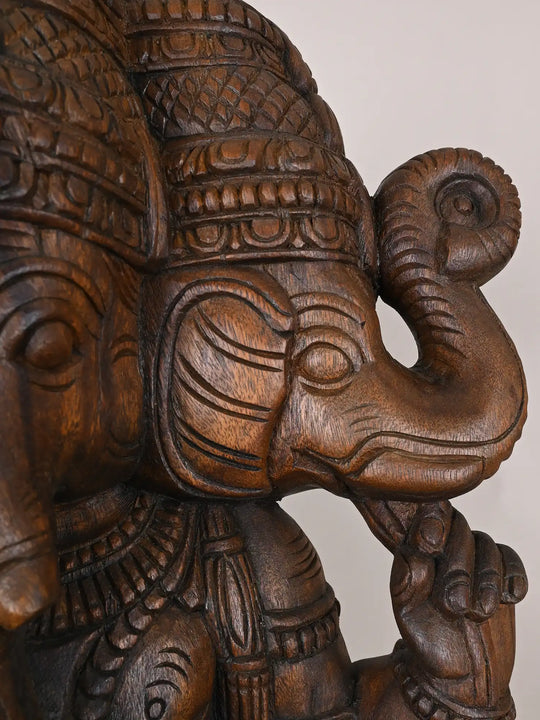 Three-Faced Ganesha Wooden Idol - 36"