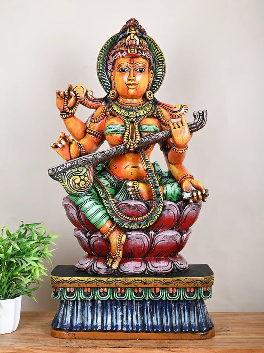 3 Ft Goddess Saraswathi Multicolored Statue