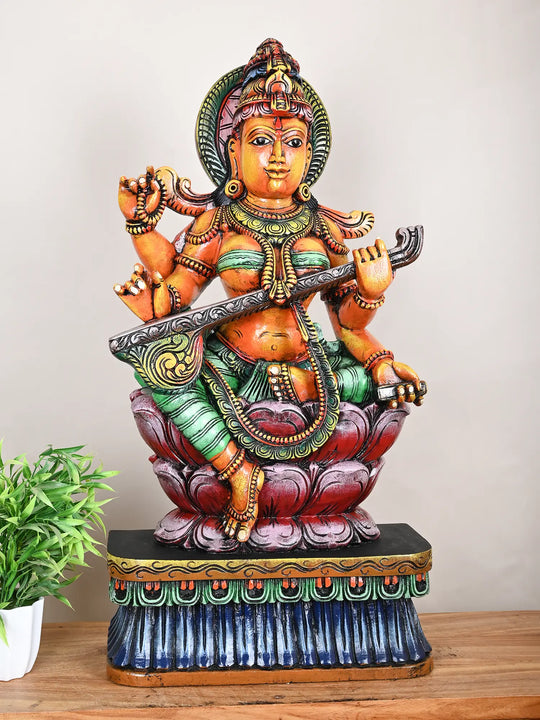 3 Ft Goddess Saraswathi Multicolored Statue
