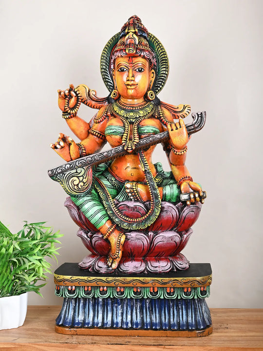 3 Ft Goddess Saraswathi Multicolored Statue