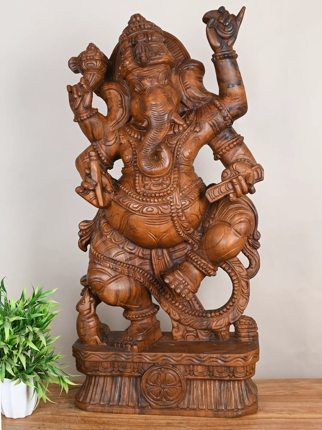 Dancing Ganesha Wooden Statue - 37"