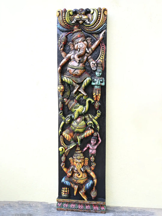 Three Faced Ganesha Carved Wall Panel-48"