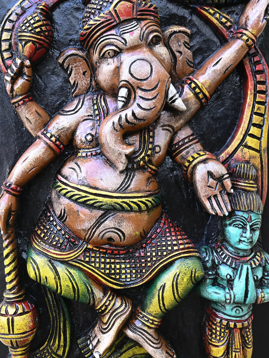 Three Faced Ganesha Carved Wall Panel-48"