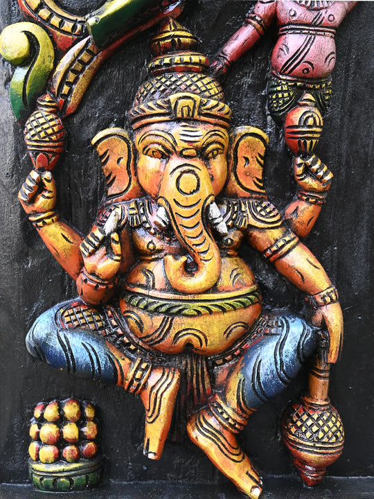 Three Faced Ganesha Carved Wall Panel-48"