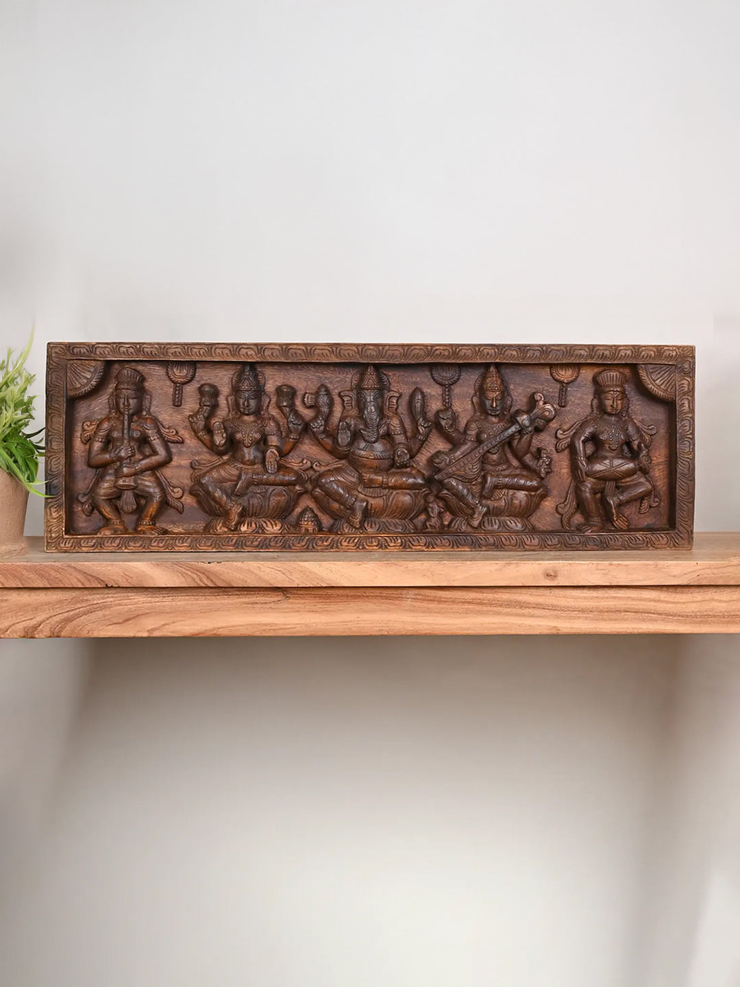 Wooden Lakshmi, Ganesh and Saraswathi panel