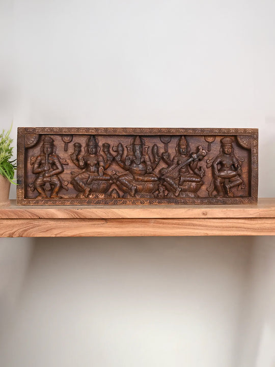 Wooden Lakshmi, Ganesh and Saraswathi panel