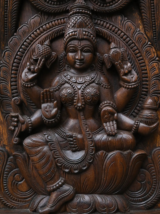 Traditional Wooden Carving of Ashta Lakshmi Panel 35"