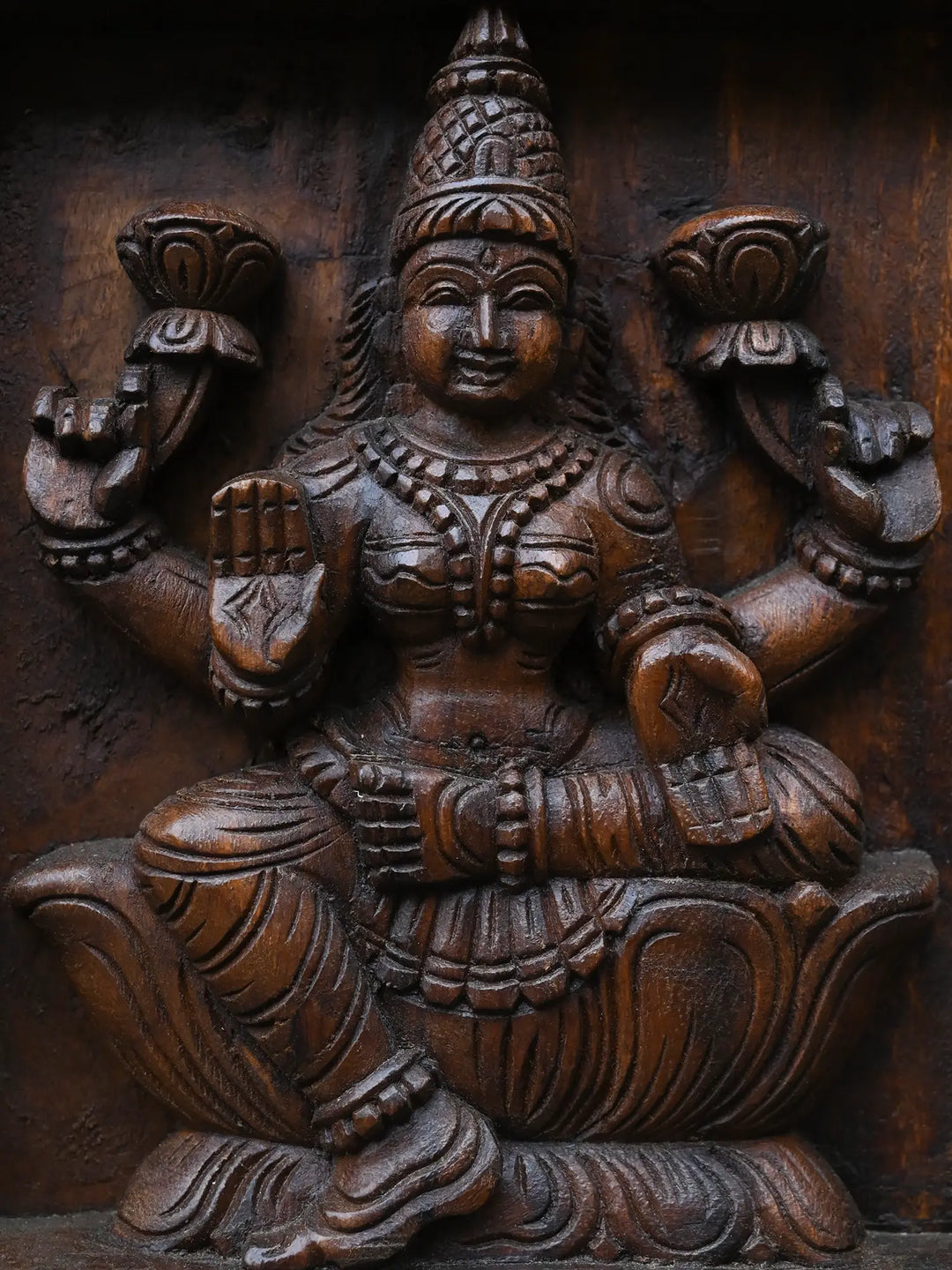 Traditional Wooden Carving of Ashta Lakshmi Panel 35"