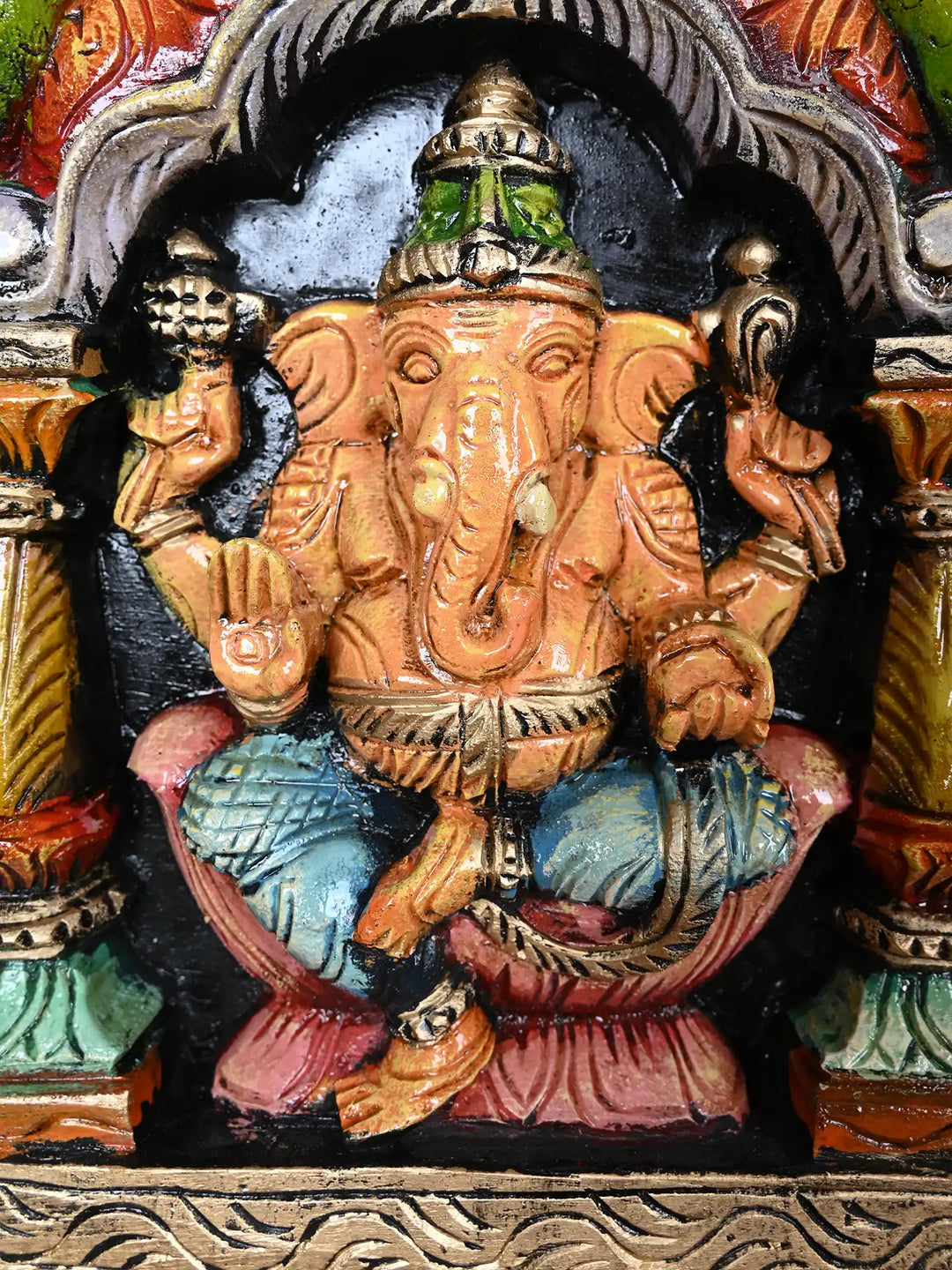 Hand-Painted Ganesh Wall Hanging with Parrots 12"