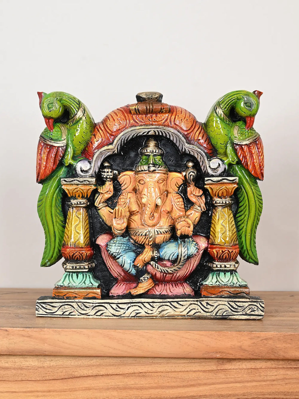 Hand-Painted Ganesh Wall Hanging with Parrots 12"
