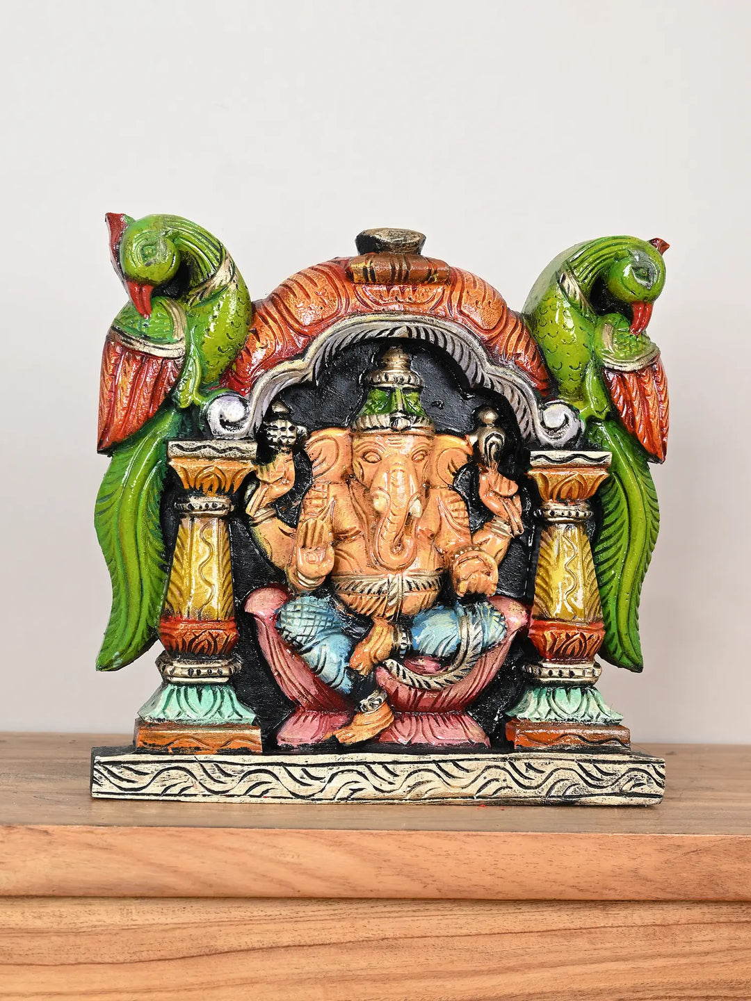 Hand-Painted Ganesh Wall Hanging with Parrots 12"
