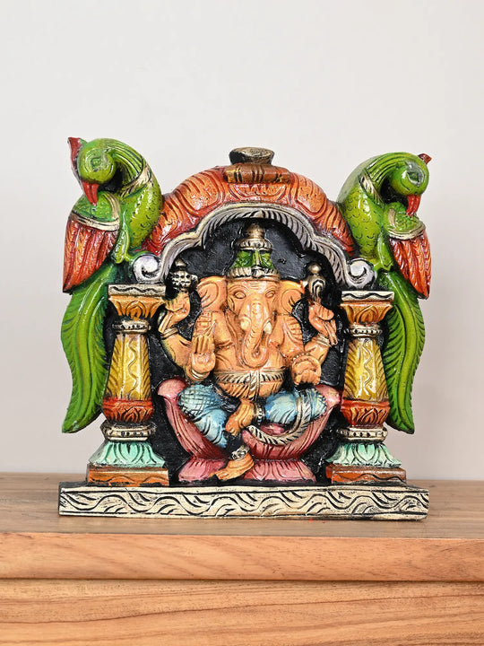 Hand-Painted Ganesh Wall Hanging with Parrots 12"