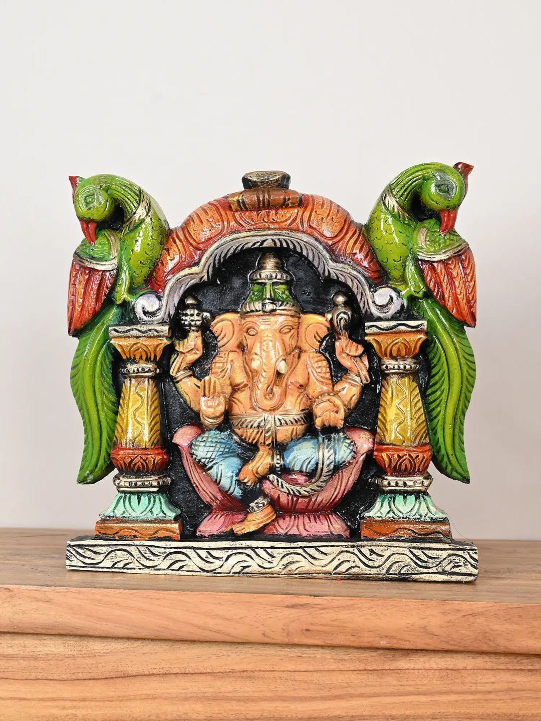 Hand-Painted Ganesh Wall Hanging with Parrots 12"