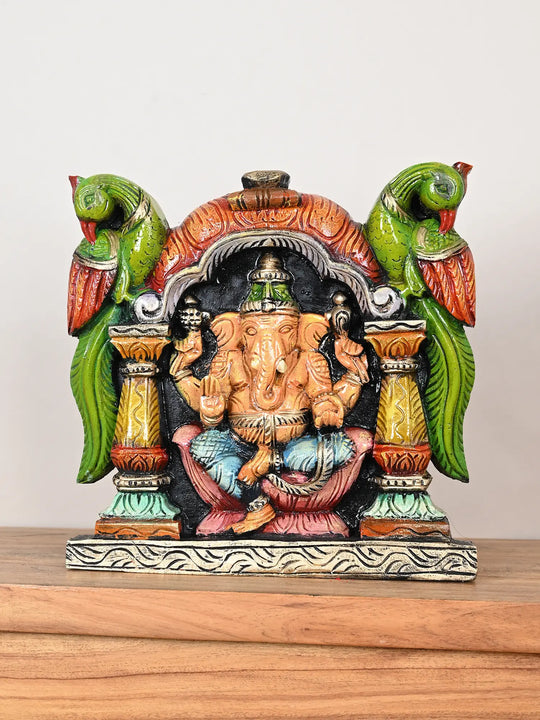 Hand-Painted Ganesh Wall Hanging with Parrots 12"