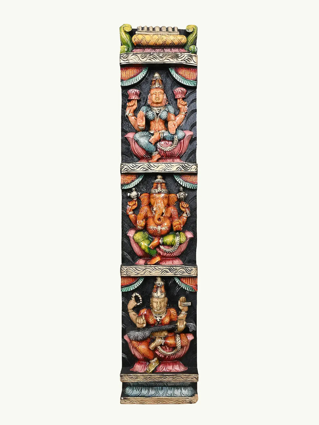 Wooden Lakshmi, Ganesh, and Saraswathi Panel