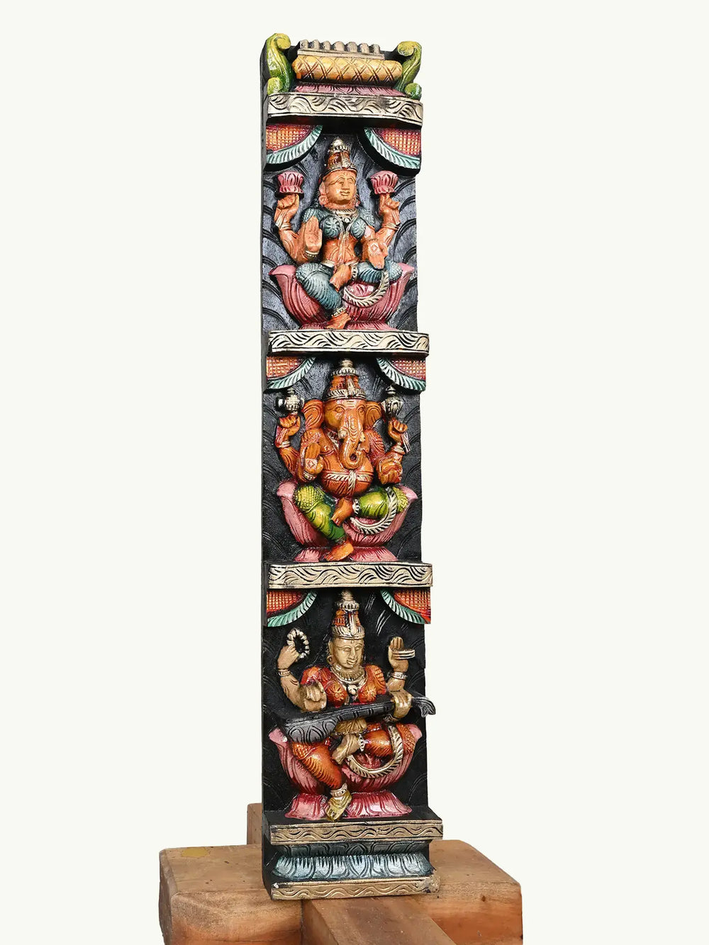 Wooden Lakshmi, Ganesh, and Saraswathi Panel