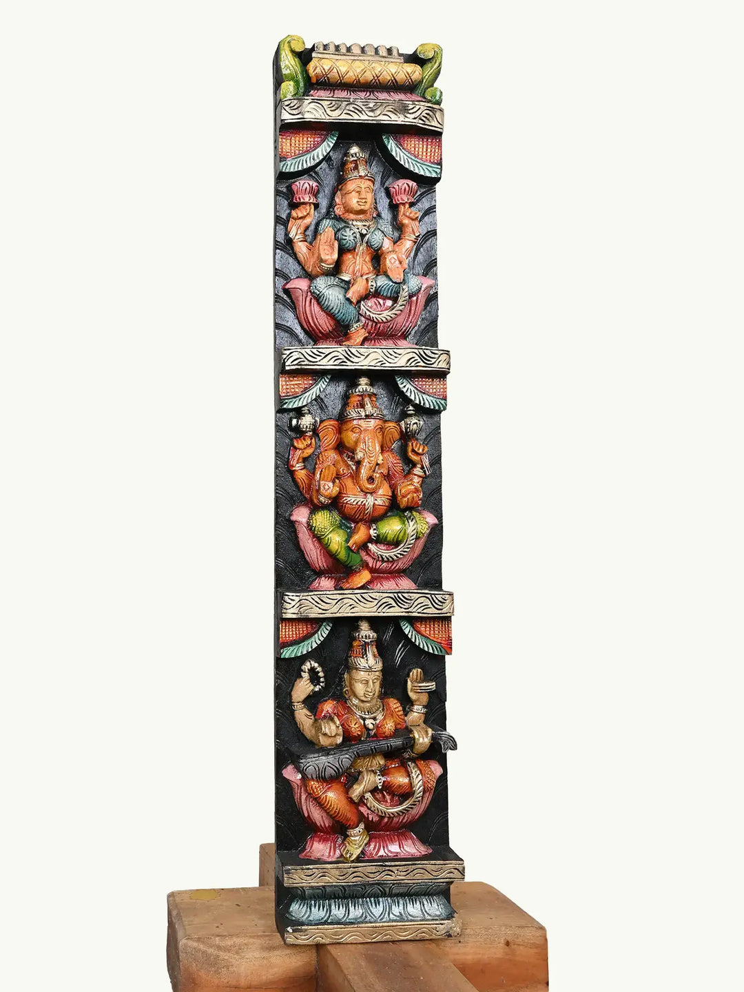 Wooden Lakshmi, Ganesh, and Saraswathi Panel