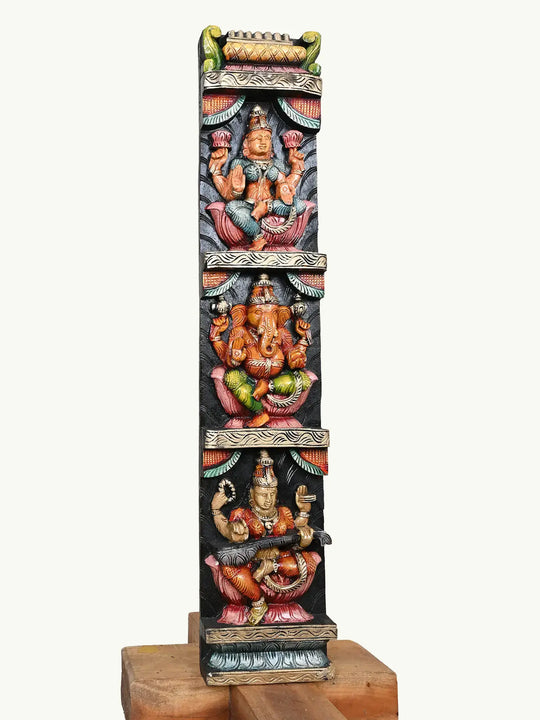 Wooden Lakshmi, Ganesh, and Saraswathi Panel