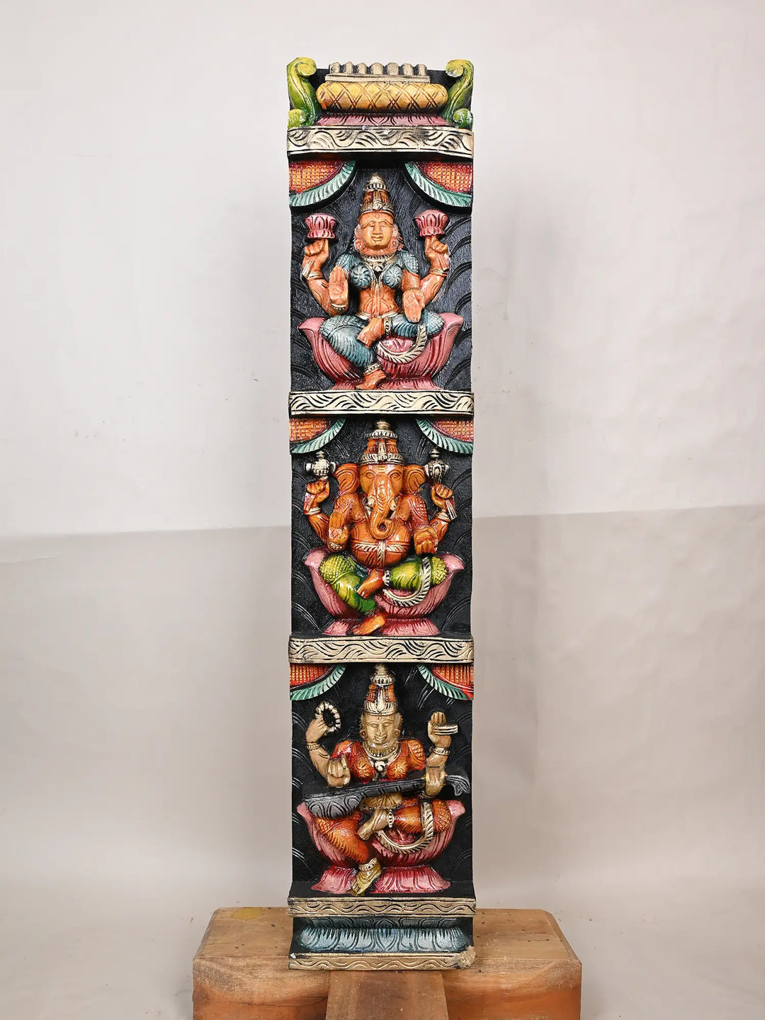 36" Wooden Lakshmi, Ganesh With Saraswathi Panel