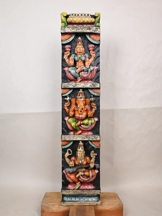 36" Wooden Lakshmi, Ganesh With Saraswathi Panel