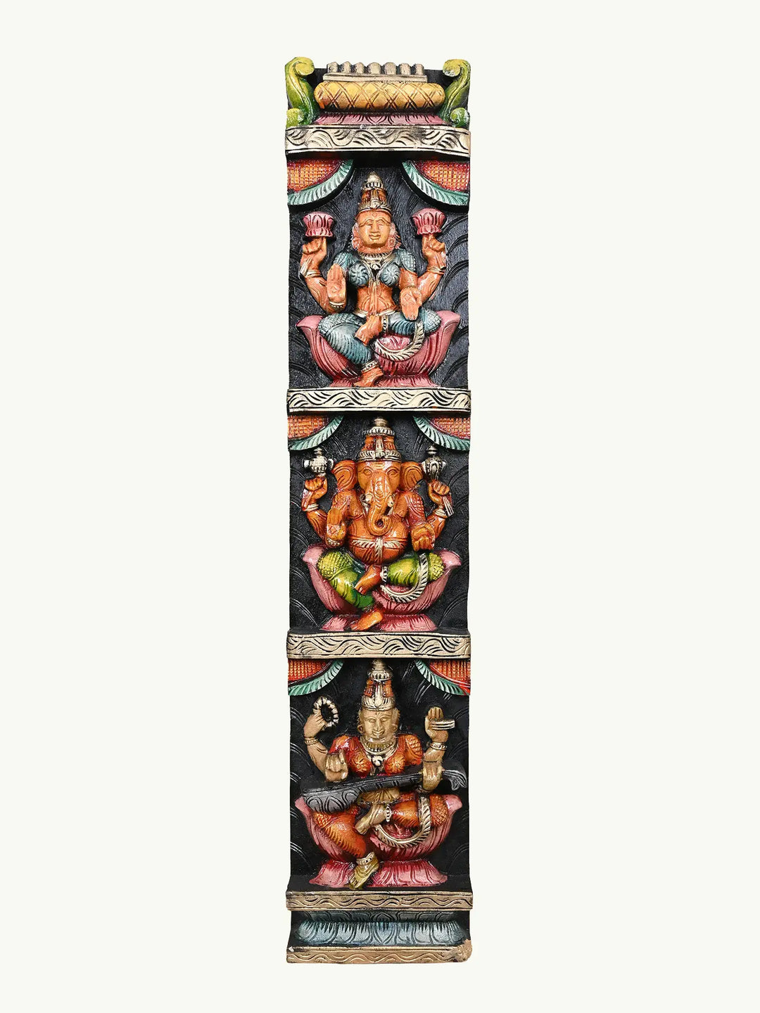 36" Wooden Lakshmi, Ganesh With Saraswathi Panel