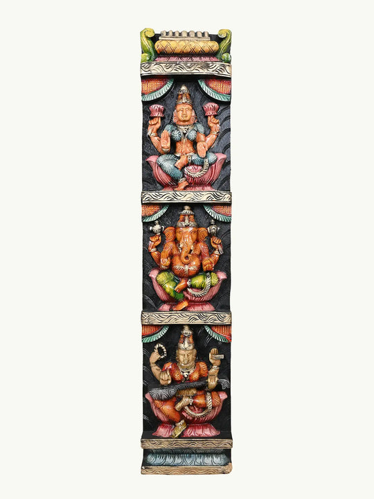 36" Wooden Lakshmi, Ganesh With Saraswathi Panel