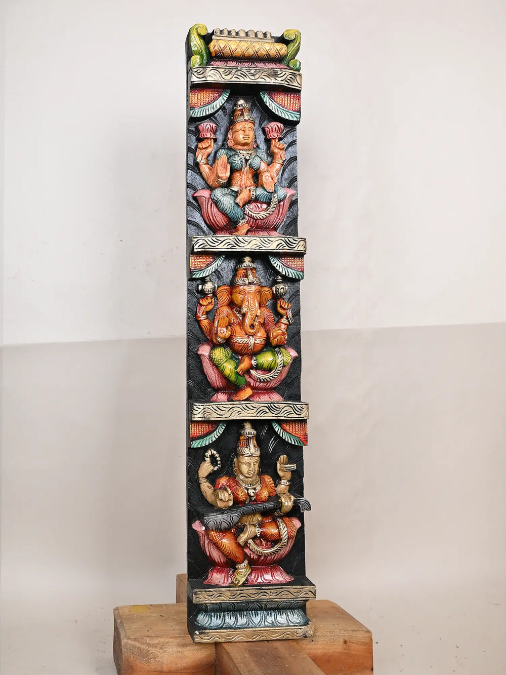 36" Wooden Lakshmi, Ganesh With Saraswathi Panel