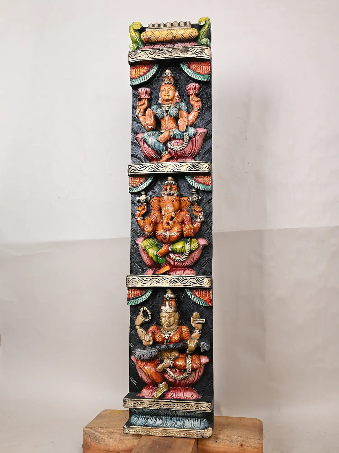 36" Wooden Lakshmi, Ganesh With Saraswathi Panel
