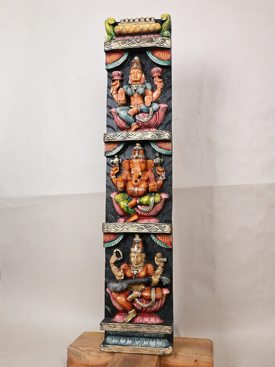 36" Wooden Lakshmi, Ganesh With Saraswathi Panel