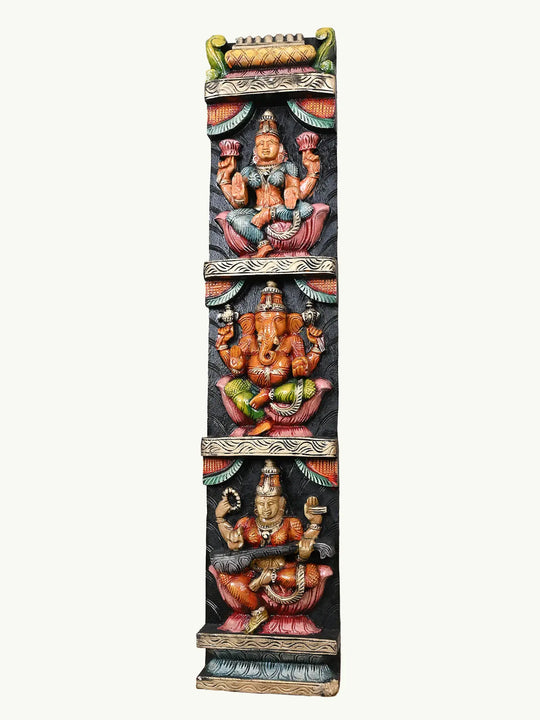 36" Wooden Lakshmi, Ganesh With Saraswathi Panel