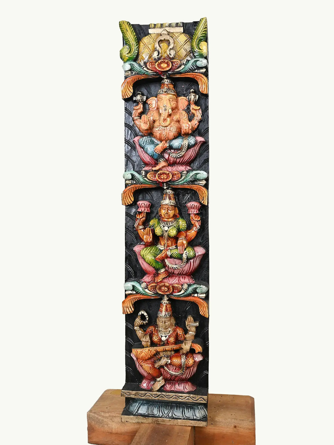 36" wooden Ganesha, Lakshmi, and Saraaswathi panel