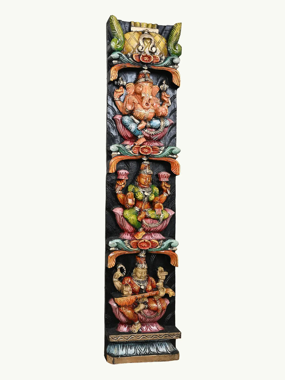 36" wooden Ganesha, Lakshmi, and Saraaswathi panel