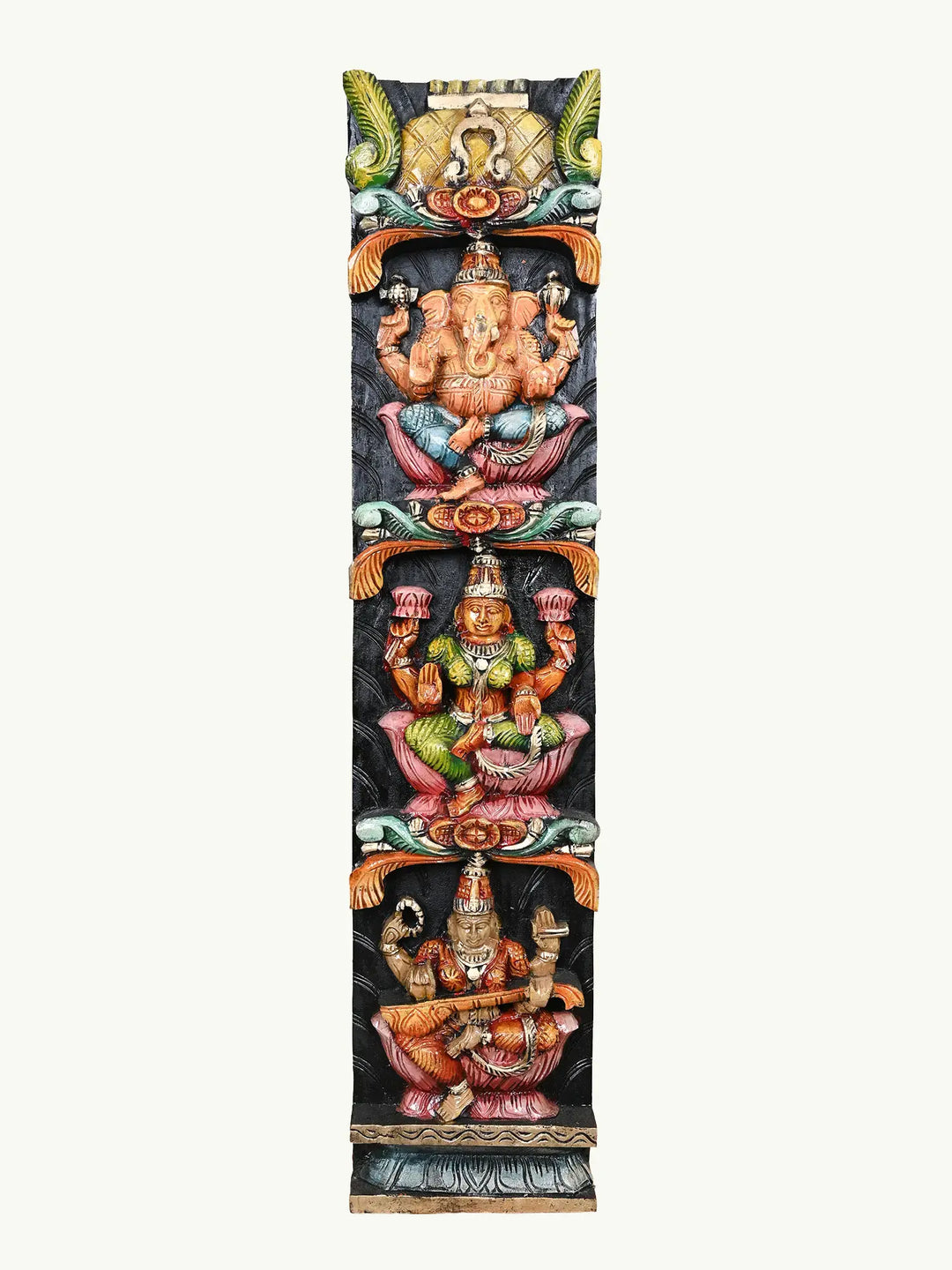 36" wooden Ganesha, Lakshmi, and Saraaswathi panel